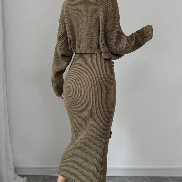 Coffee Brown Casual Women's Floral Camisole Sweater Dress And Cardigan Set - Picture 2 of 6